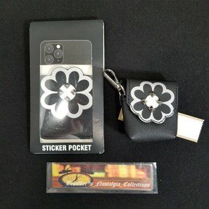 NEW Black Studded Flower Phone Sticker Pocket Wallet w/ Air Pod Case
